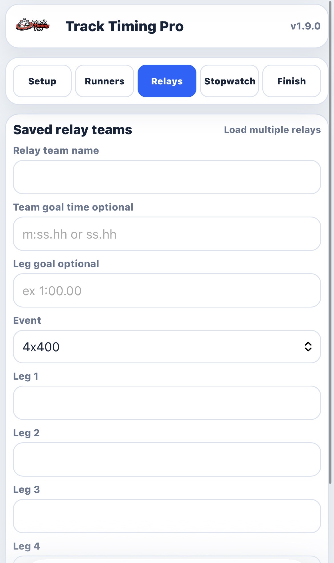 Track Timing Pro relay team entry screen