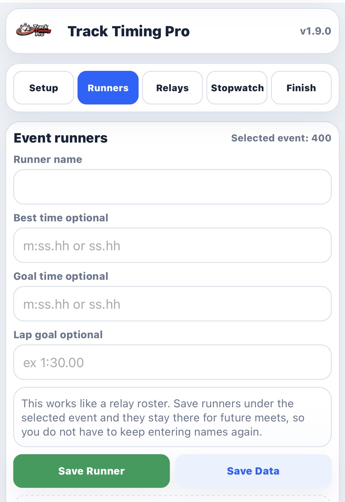 Track Timing Pro runners entry screen