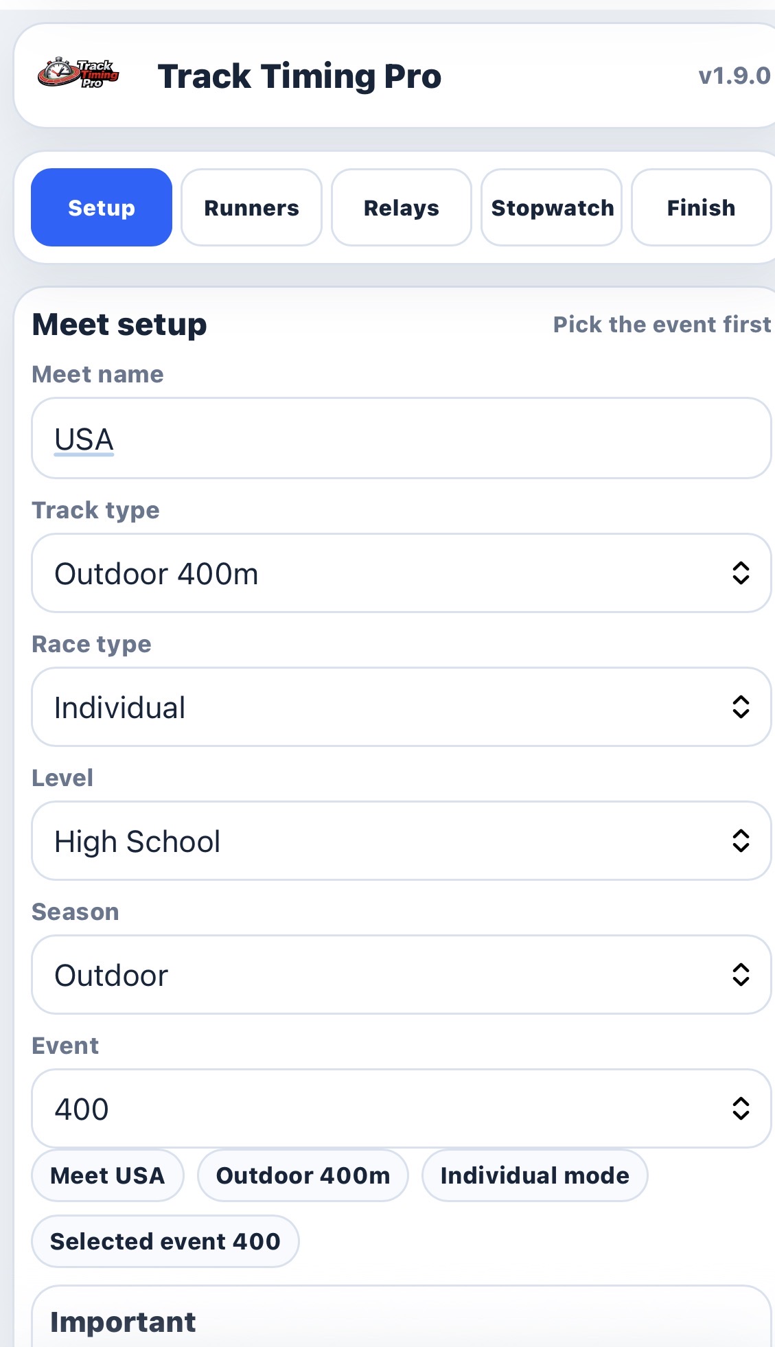 Track Timing Pro setup screen