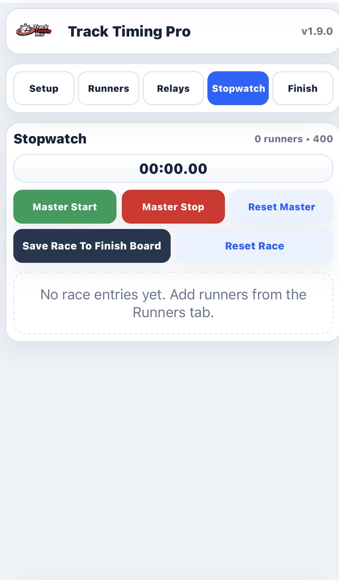Track Timing Pro stopwatch screen